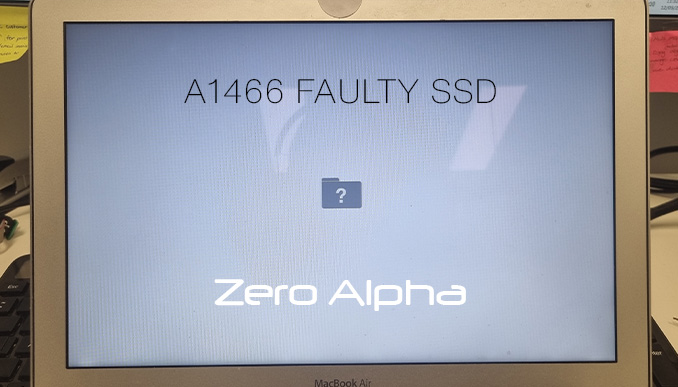 Apple Macbook air A1466 showing a white screen with folder and question mark. The ssd is faulty causing this boot error