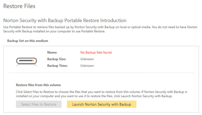 Norton Backup 360 ARestore.exe No Backup Sets Found
