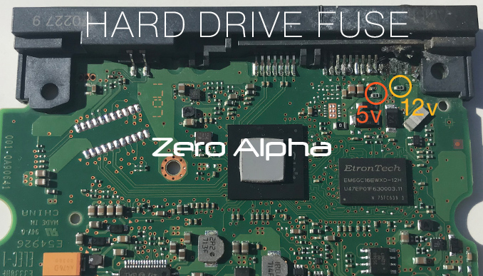 hard drive pcb fuse showing 5 volt and 12 volt